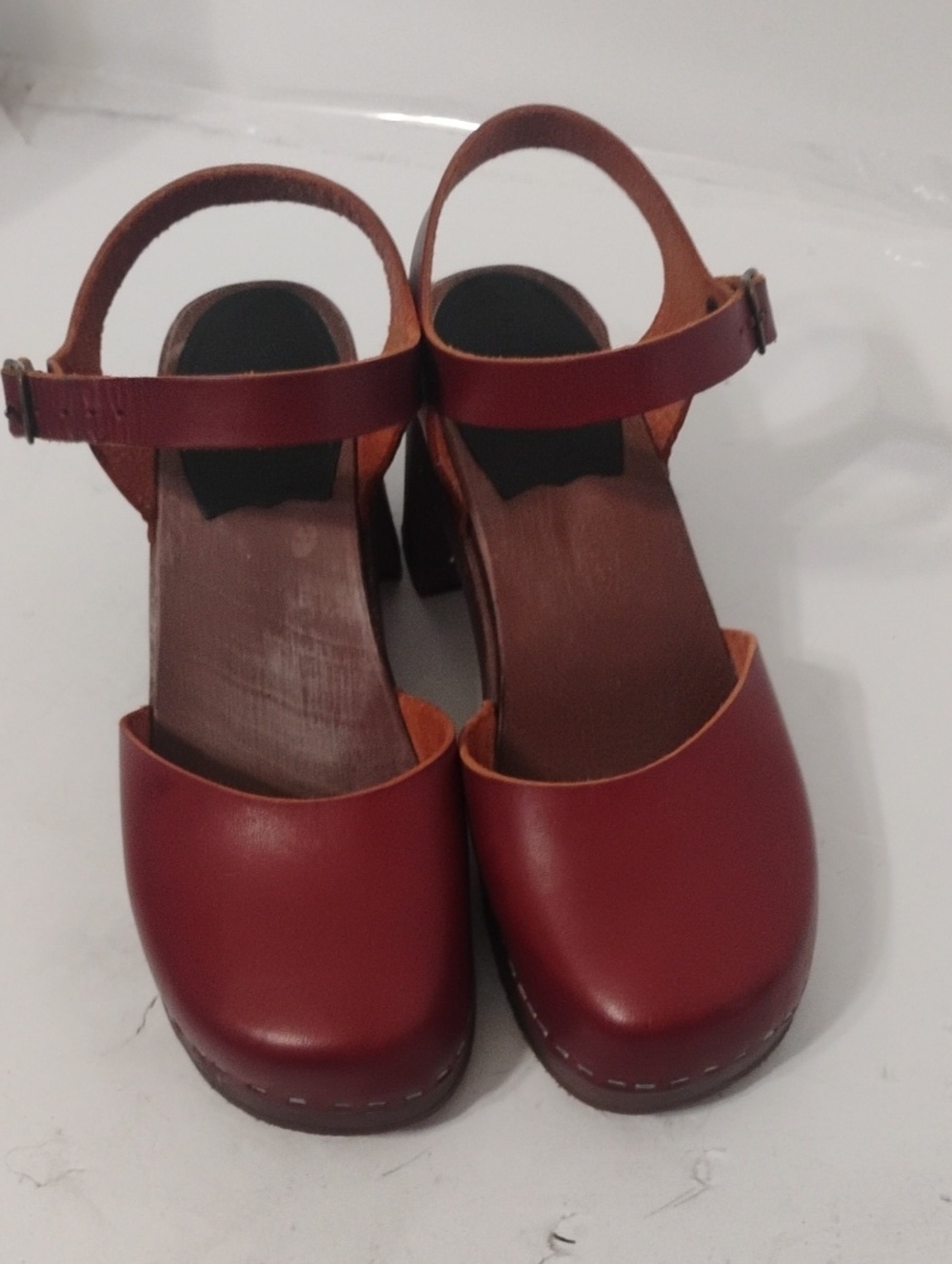 Swedish Hasbeens Cherry Red Leather Mary Jane Mules